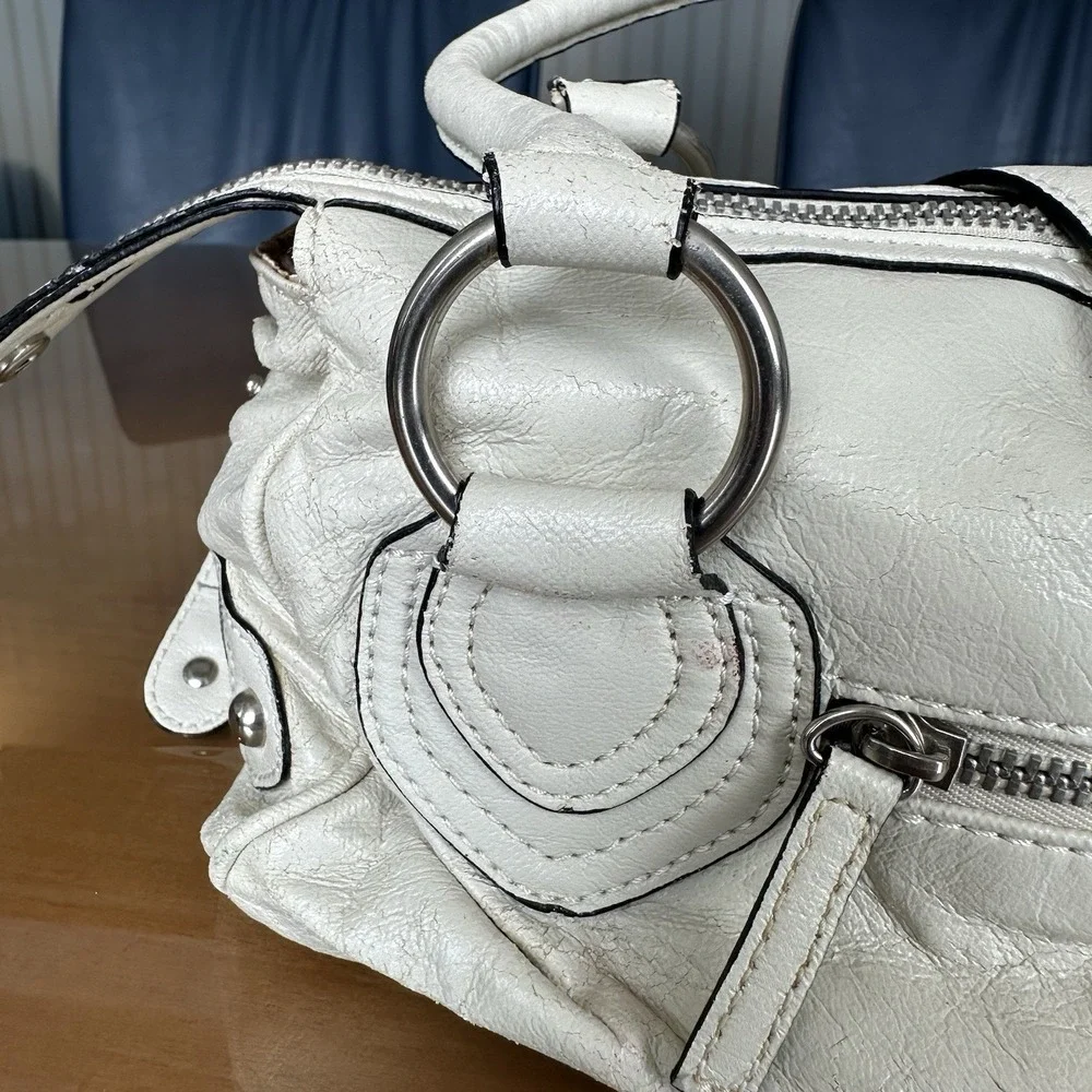 G By‎ Guess Cream Handbag Vintage Y2k Buckle Detail Studded Satchel Silver *New*